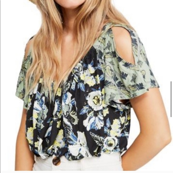 Free People black & green cold shoulder floral top - Picture 3 of 15